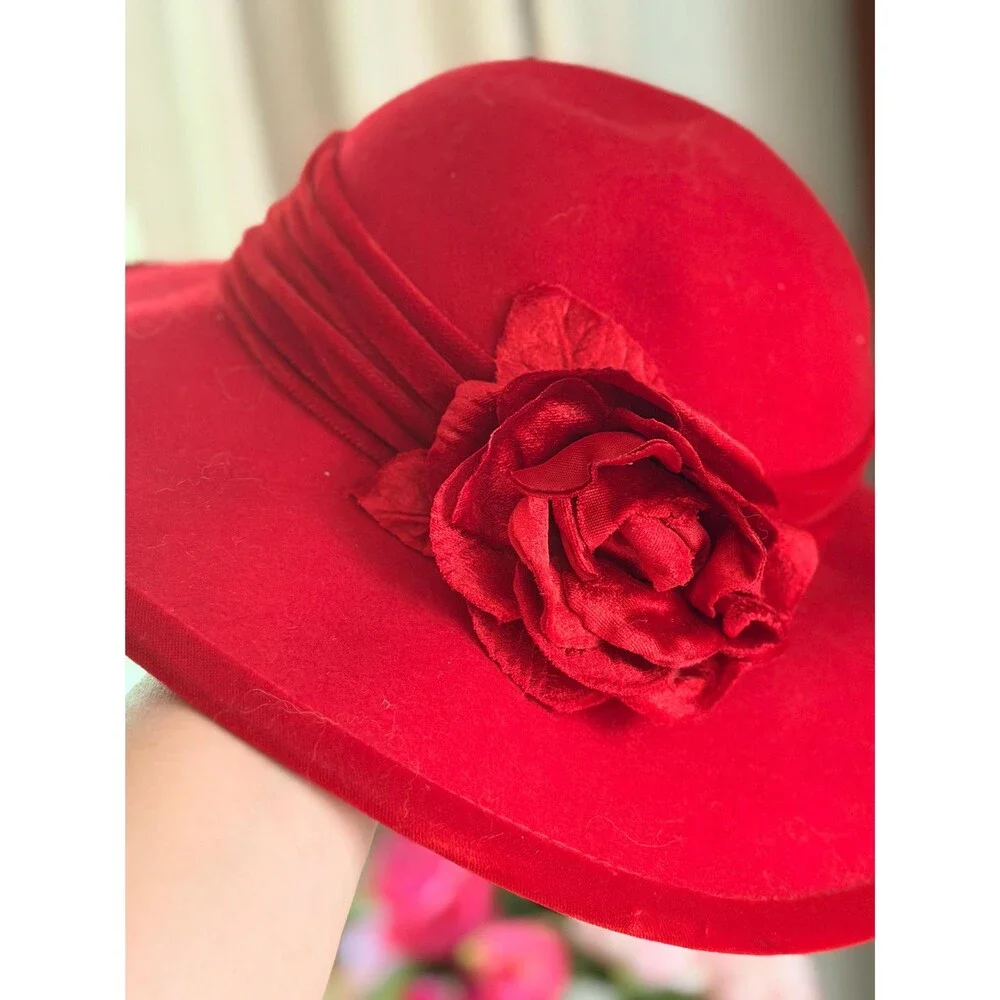 Vintage Red Wool Cloche Hat | Marshall Field’s Scala Wide Brim Floral Accent